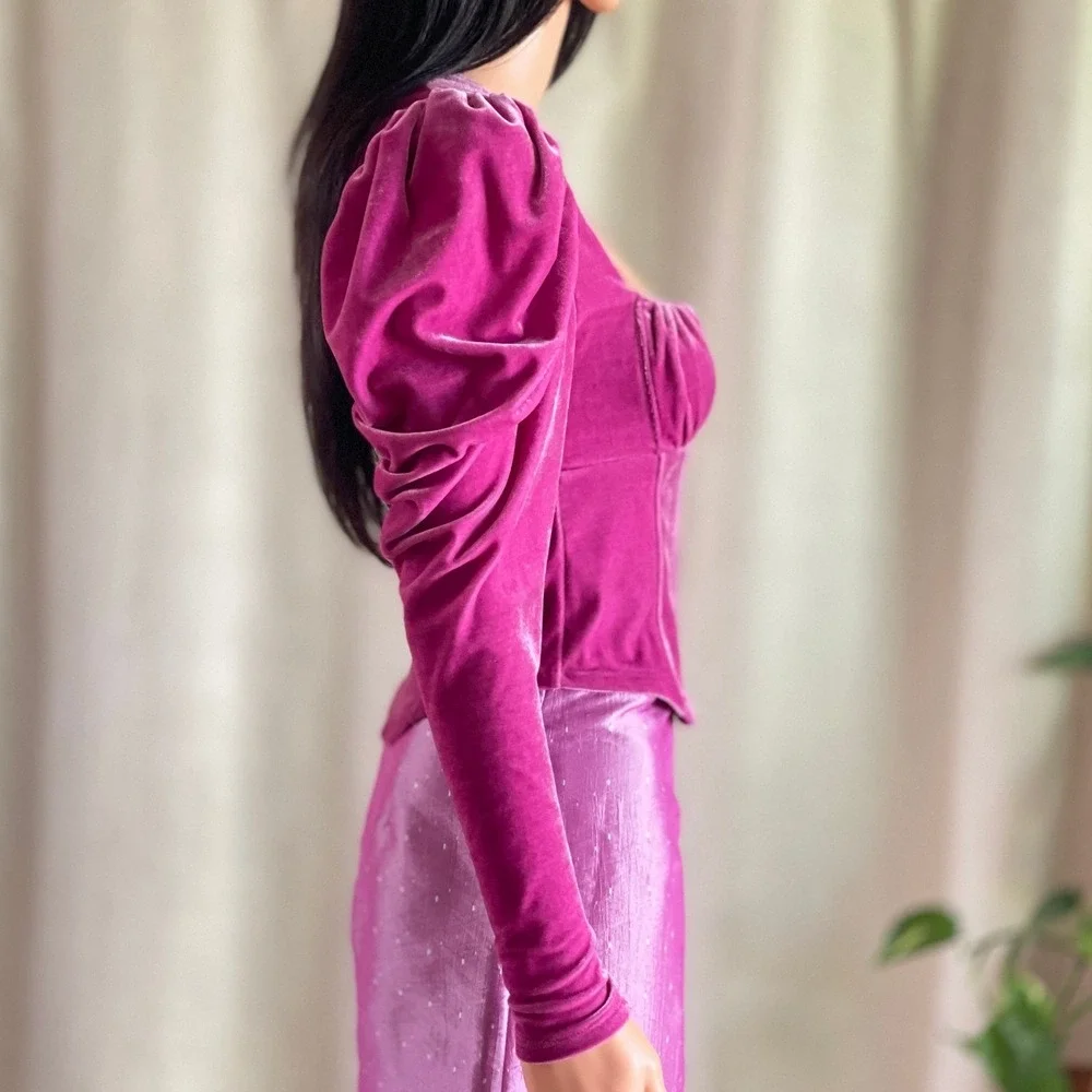 Free People Hold Me‎ Top Magenta Pink Velvet Puff Sleeve Milkmaid Renaissance XS
